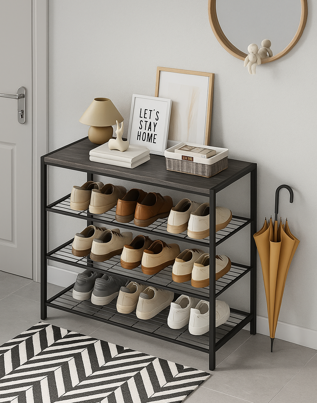 4-Tier Wood Metal Shoe Rack Entryway Storage Shelf Organiser Stand