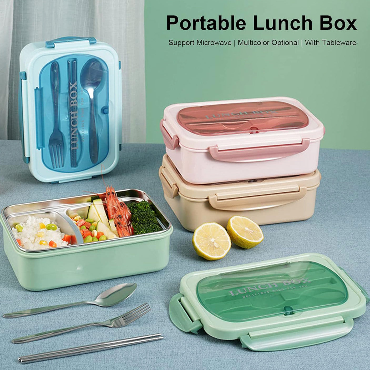 Stainless Steel Leakproof Lunch Bento Box with Cutlery Blue Design