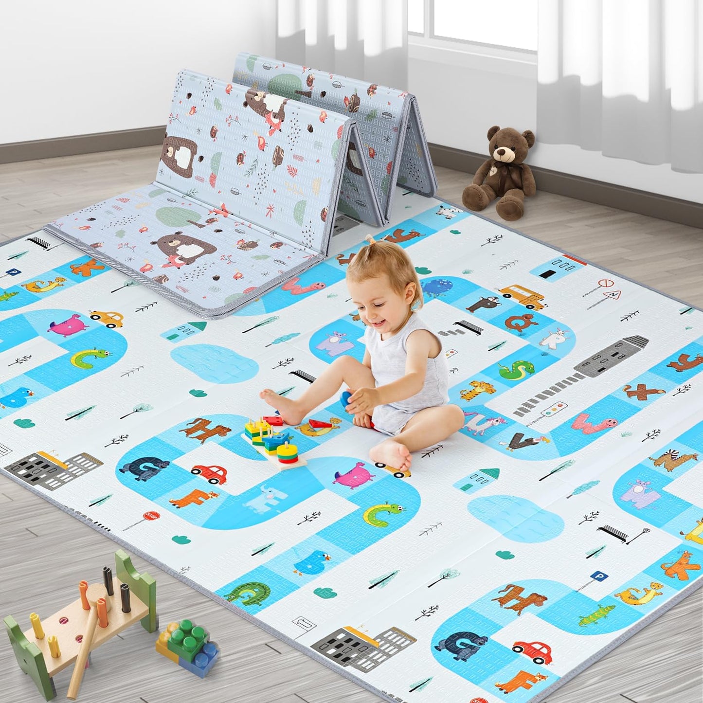 2m Extra Thick Waterproof Folding Baby Kids Play Mat (Traffic Alphabet/Animals)