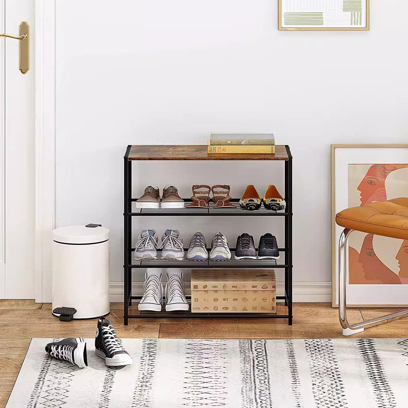 4-Tier Rustic Wood Metal Shoe Rack Entryway Storage Shelf Organiser Stand