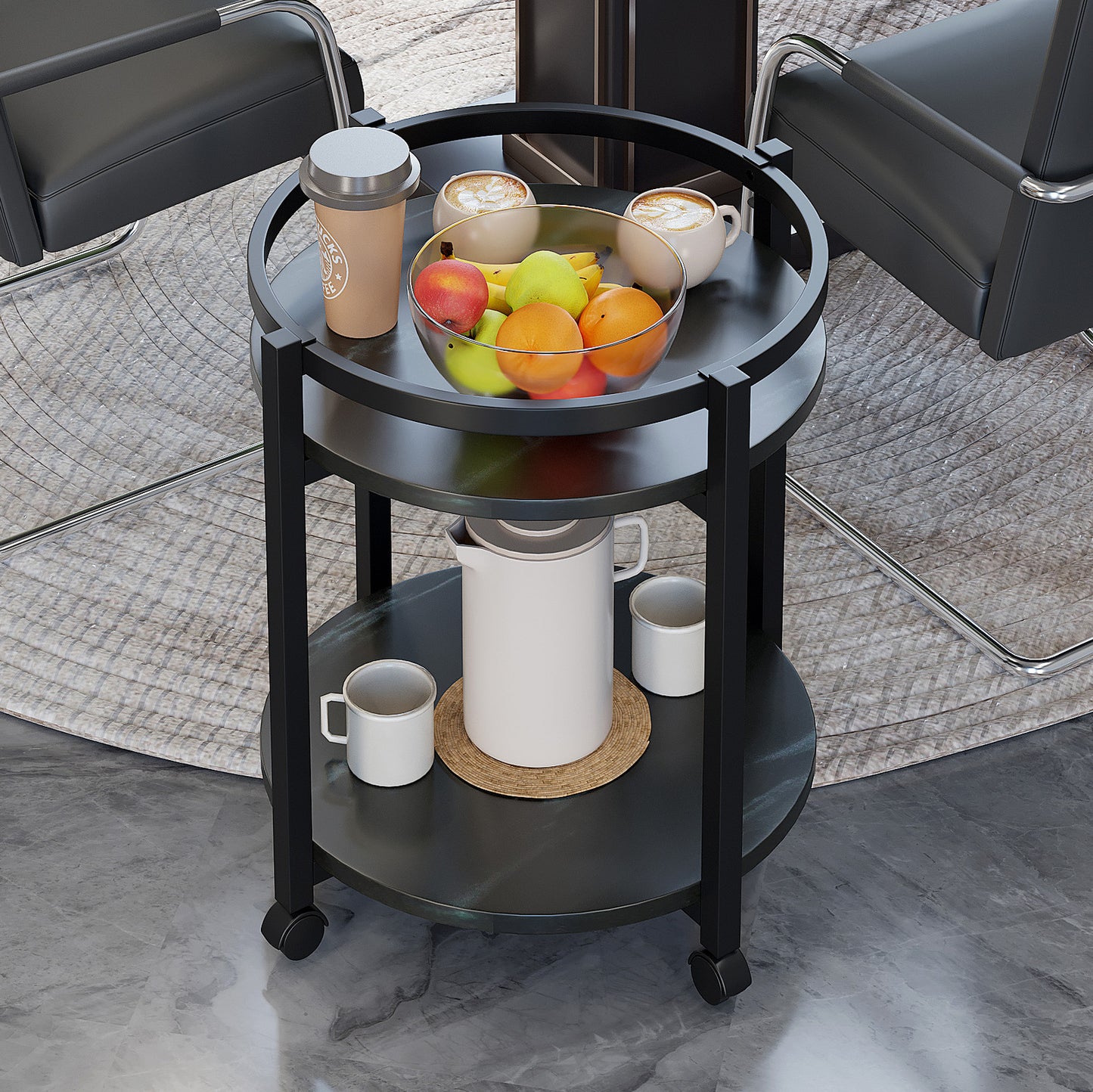 Round Sofa Bed Side Coffee Table with Shelves and Wheels Black