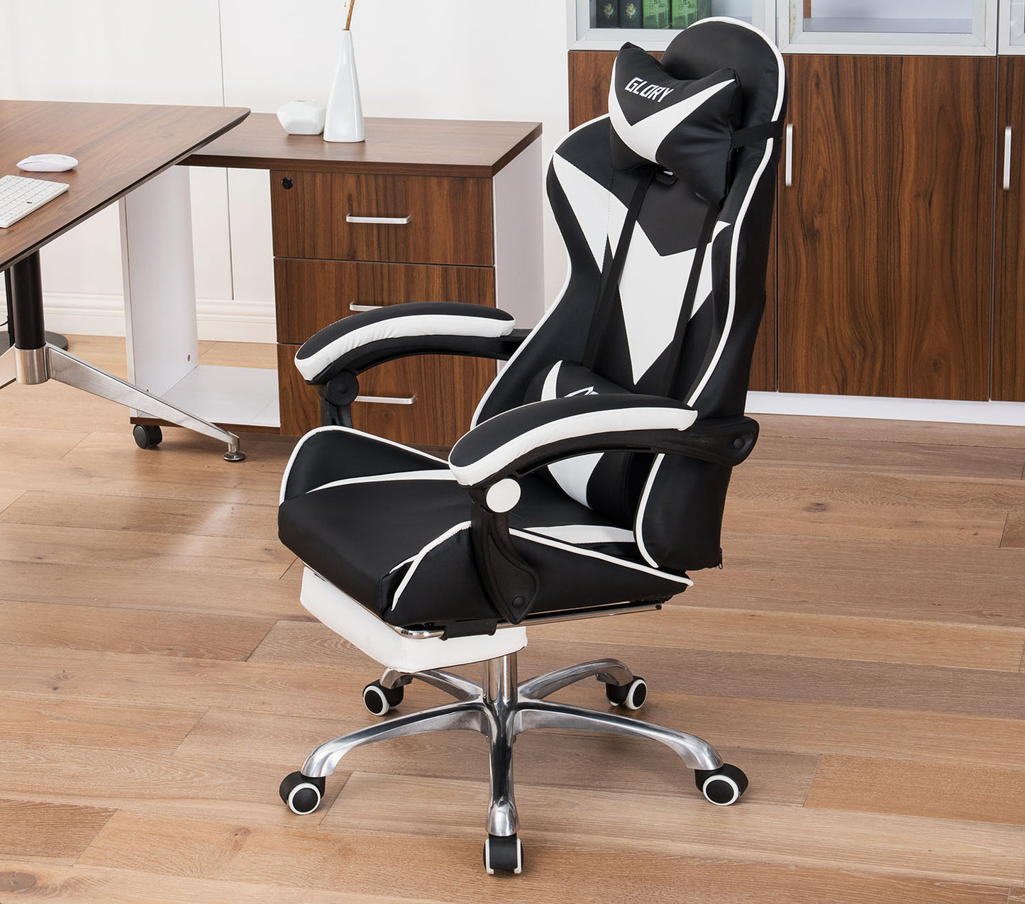 High Back Reclining Gaming Office Chair with Footrest Ergonomic White Black