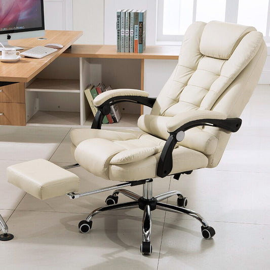 Executive Reclining Office Chair with Foot Rest Ergonomic White Cream