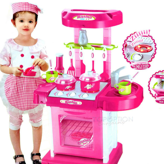 Realistic Kids Play Kitchen Set with Lights and Sounds Pink Toy Kitchen