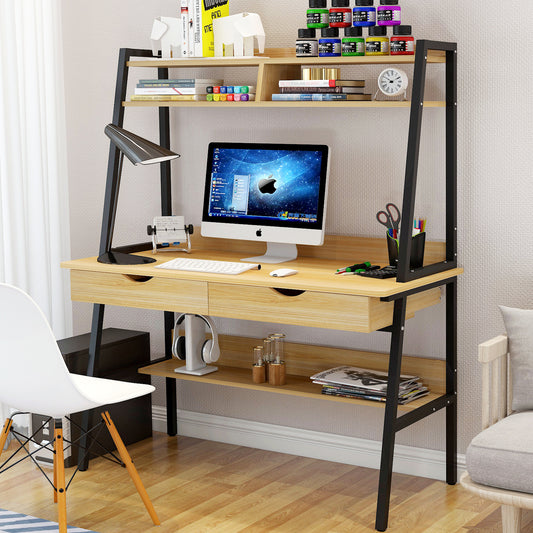 Modern Computer Desk Workstation with Shelves and Drawers Oak