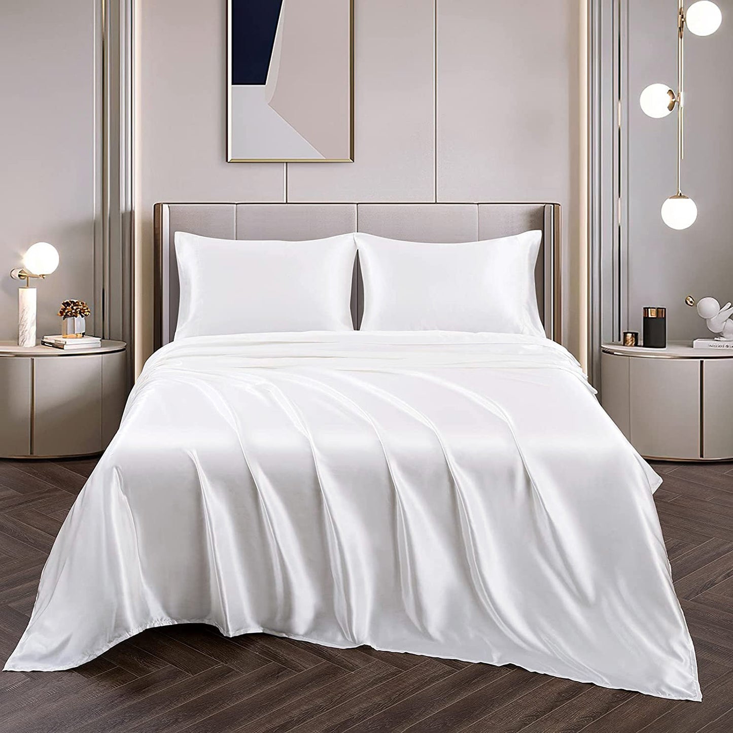 Queen Silky Satin Bed Sheet Set Soft and Smooth White