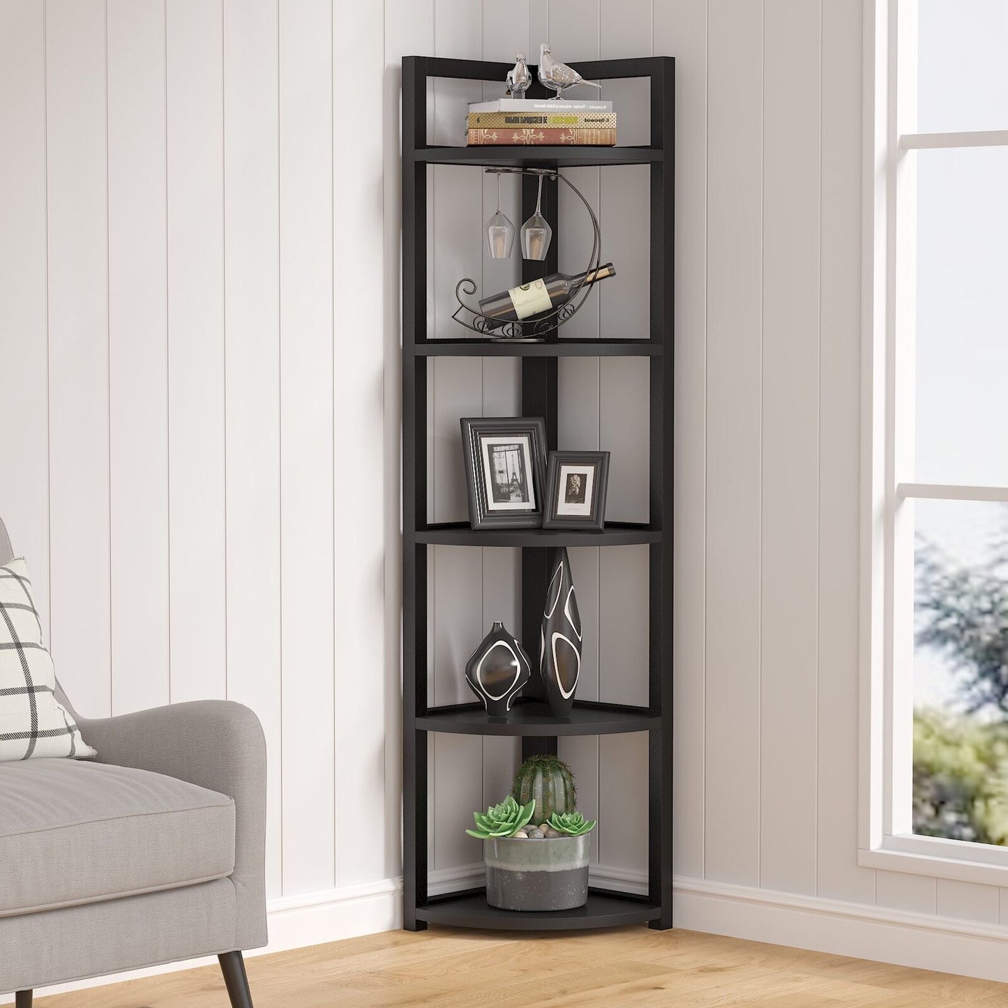 5 Tier Wood and Steel Corner Shelf Organizer Unit Black