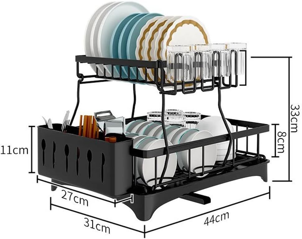 2-Tier Dish Drying Rack Kitchen Organizer with Utensil Holder Black