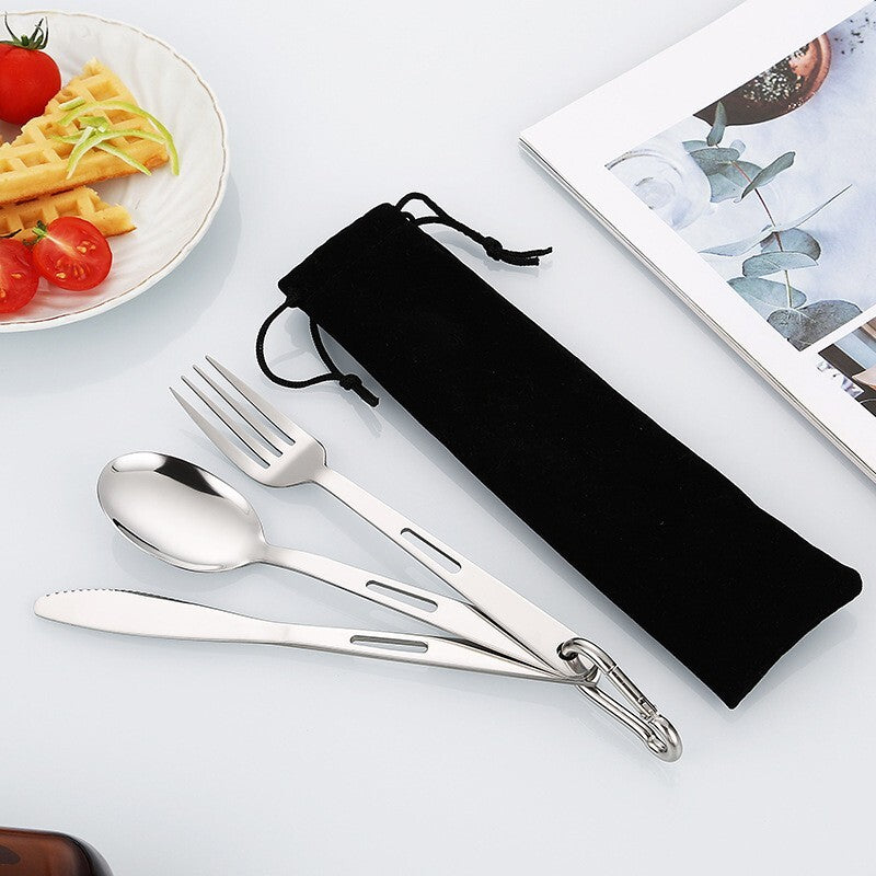 Travel Stainless Steel Cutlery Set with Carabiner and Bag for Camping and Outdoor