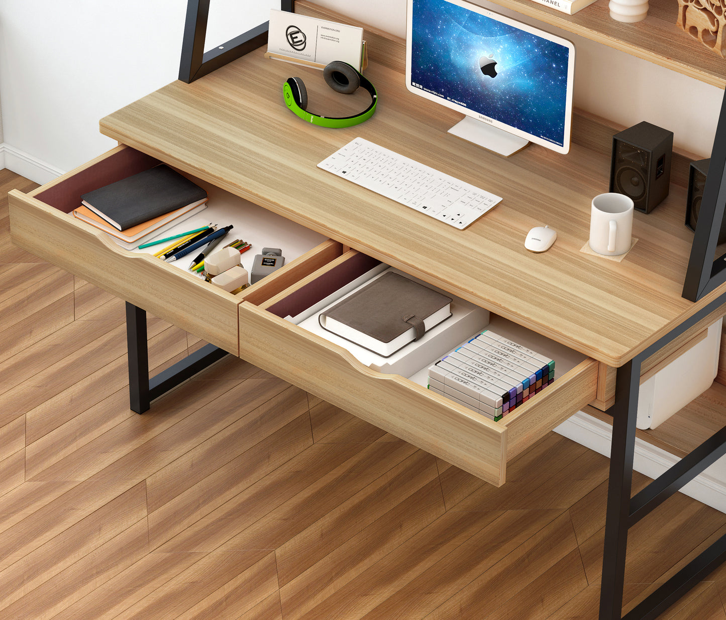 Spacious Office Computer Desk Workstation with Shelves and Drawers - Oak