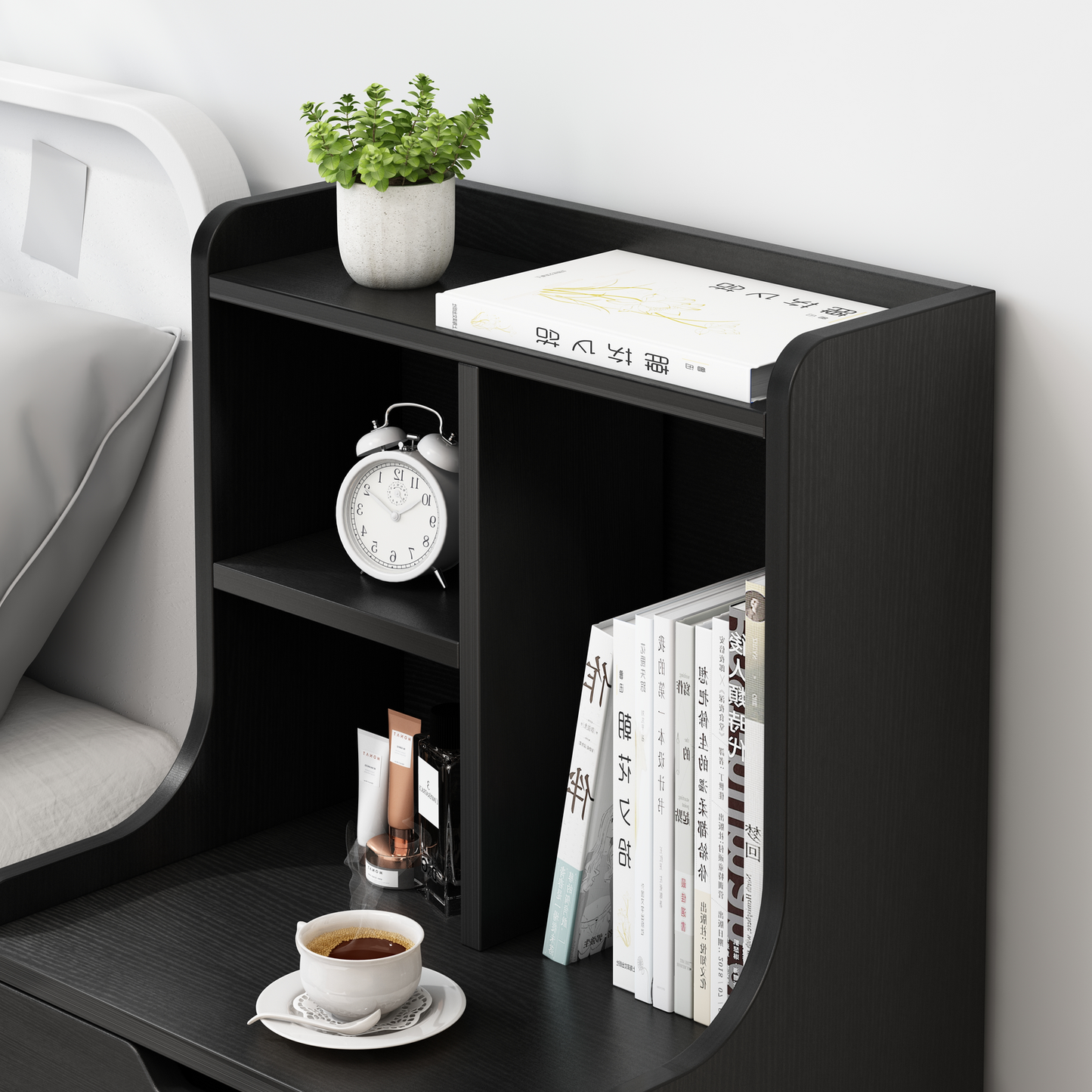 Elegant Tall 2-Drawer Bedside Table with Drawers and Shelves Black