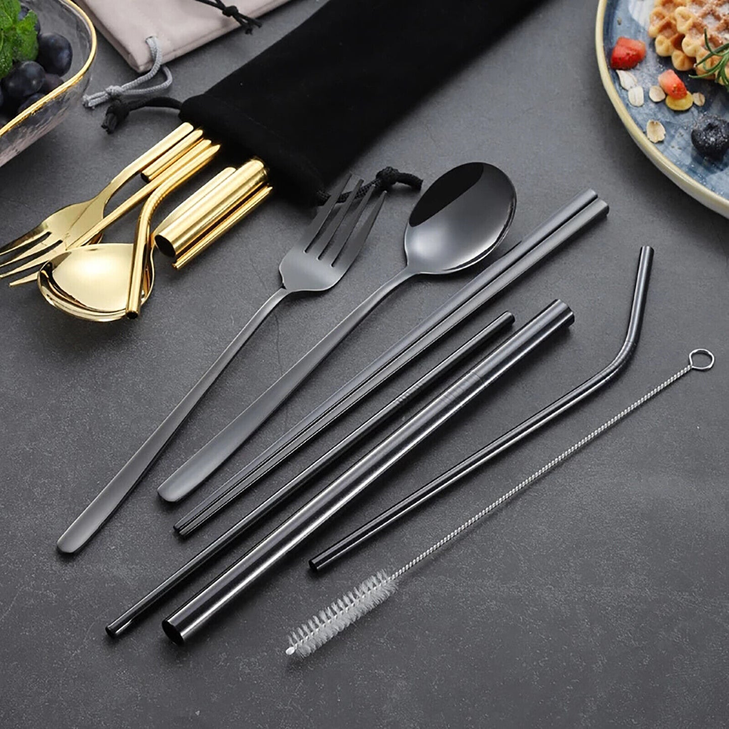 Premium 9PC Stainless Steel Travel Cutlery Set Knife Fork Spoon Straws Black