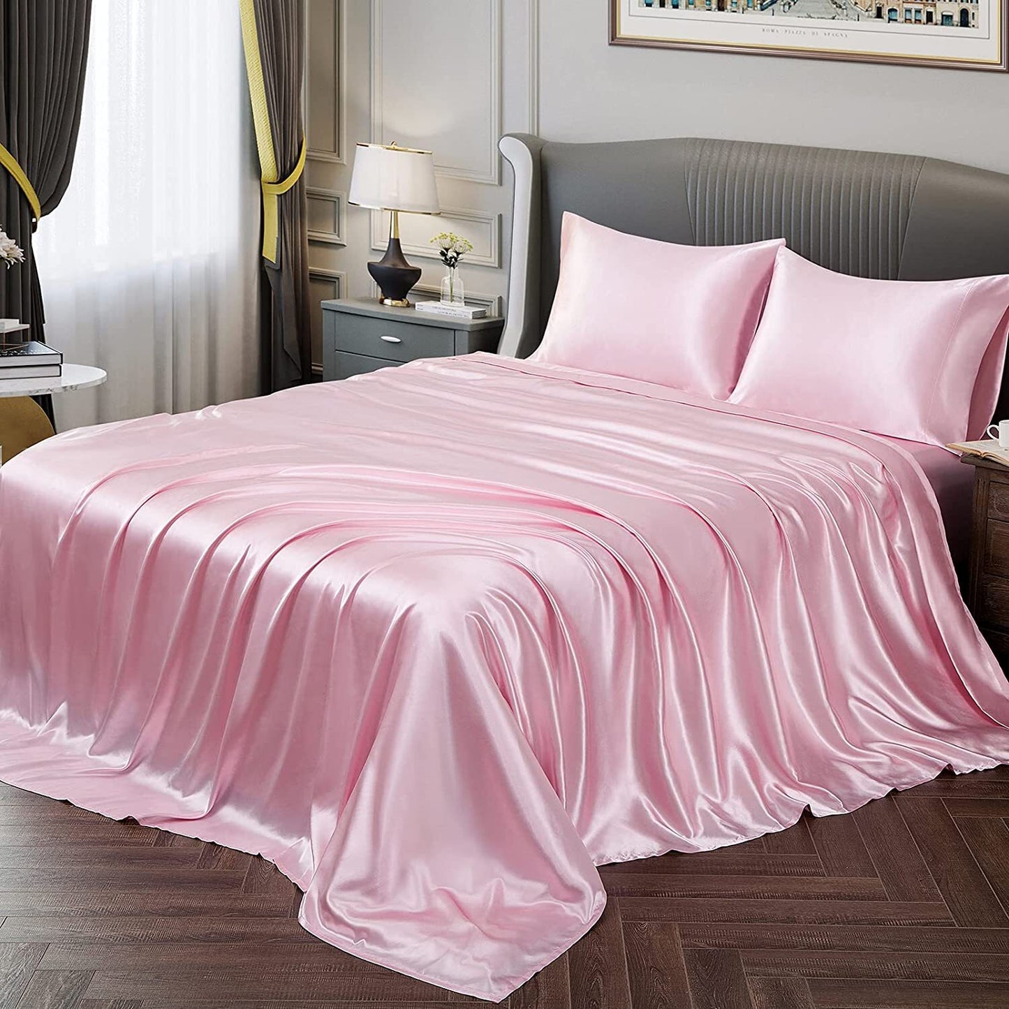 King Size Silky Satin Bed Sheet Set 4-Piece Soft and Smooth Pink