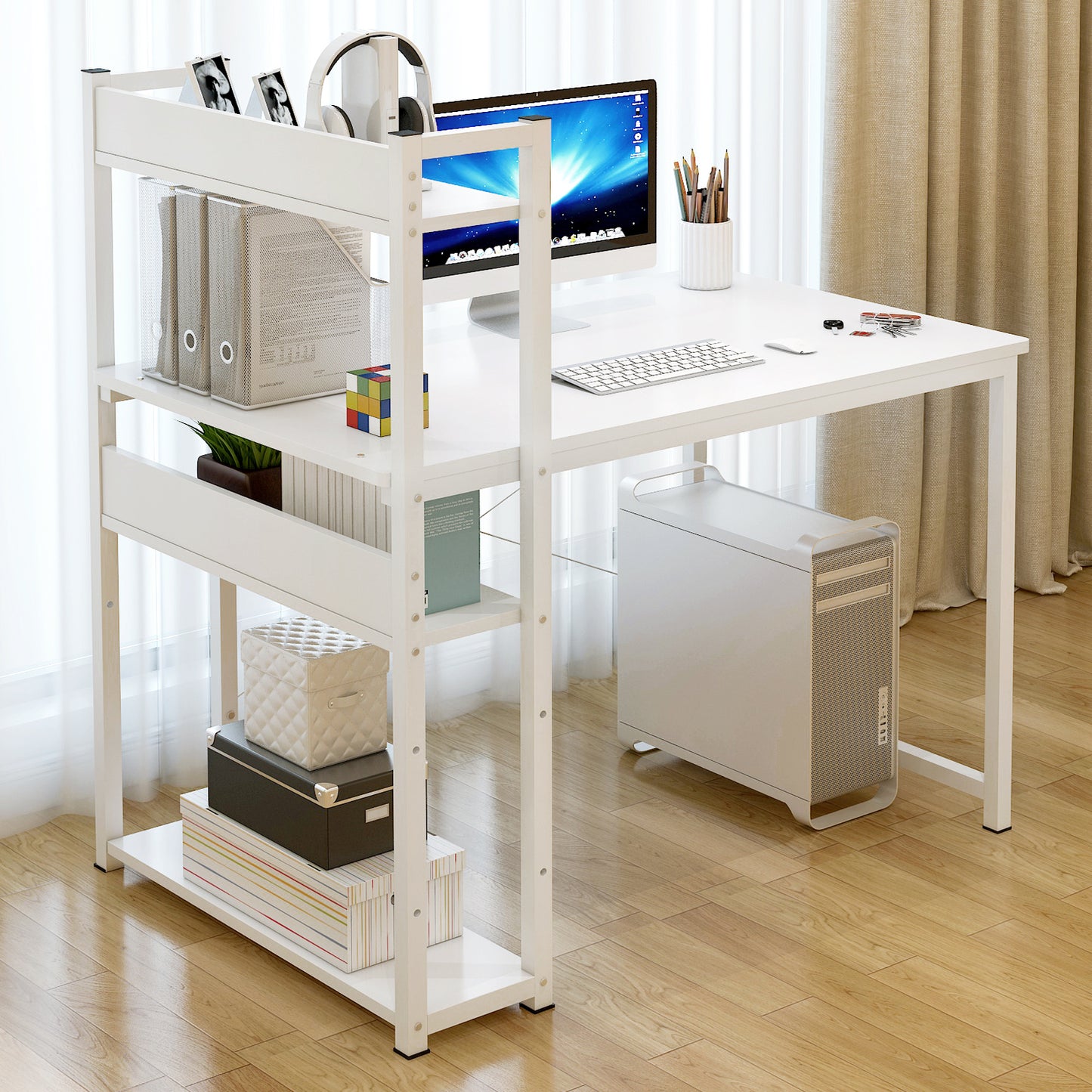 Modern Workstation Computer Desk with Storage Shelves White