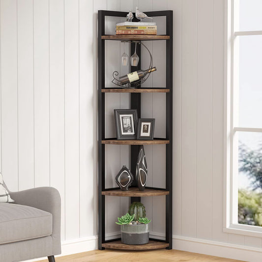 Rustic 5 Tier Wood Steel Corner Shelf Organizer Storage Display Unit