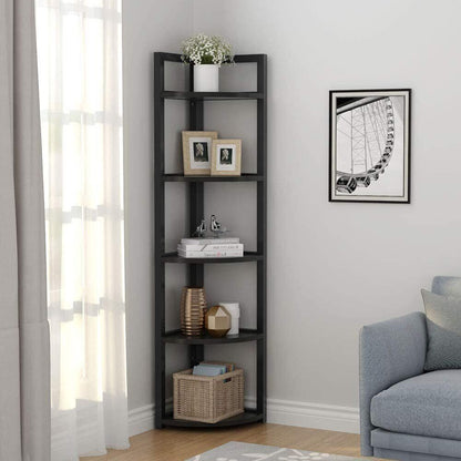 5 Tier Wood and Steel Corner Shelf Organizer Unit Black