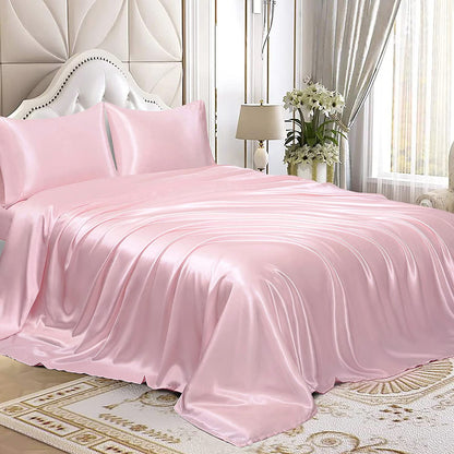 King Size Silky Satin Bed Sheet Set 4-Piece Soft and Smooth Pink