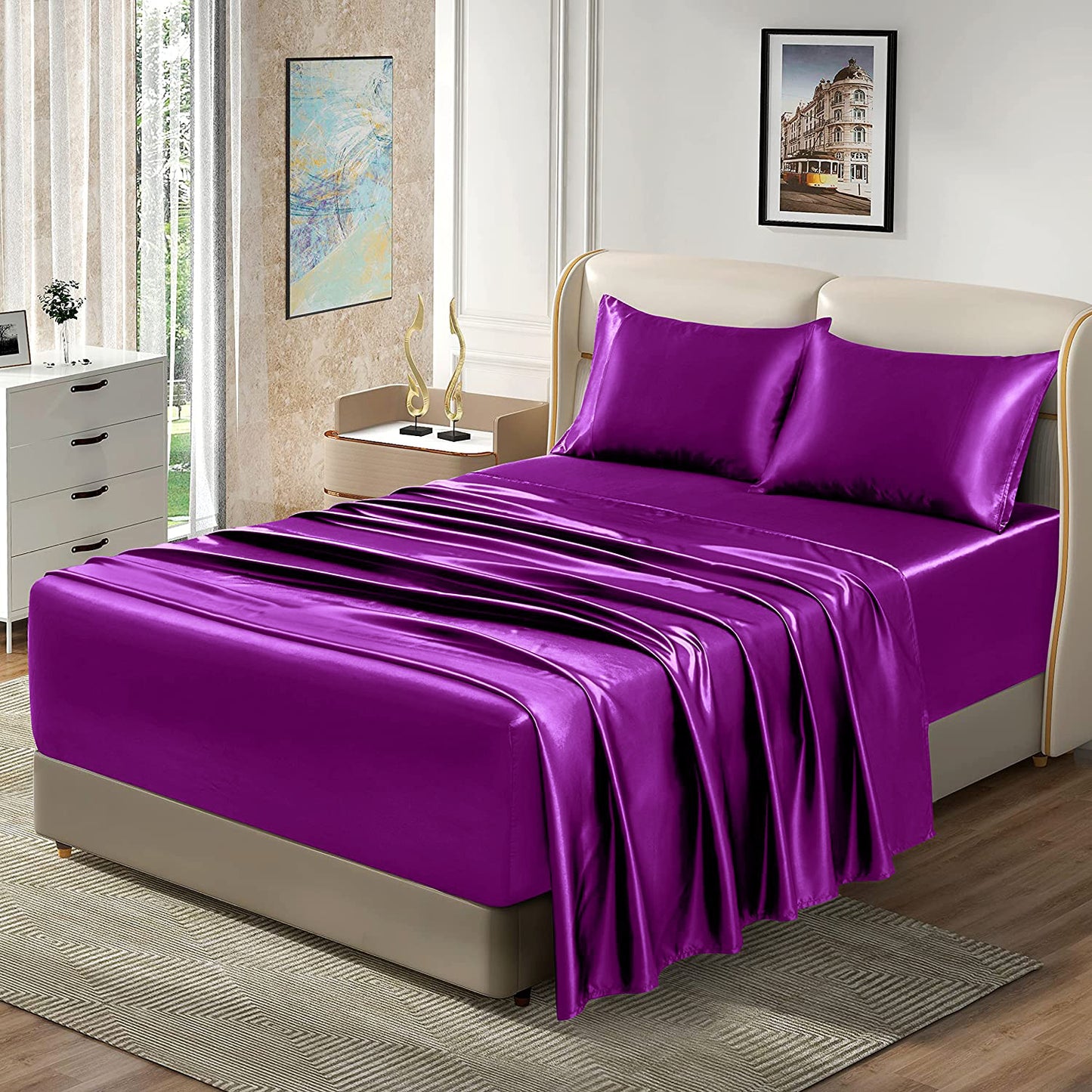 King Size Silky Satin Bed Sheet Set Luxurious Soft Bedding Purple