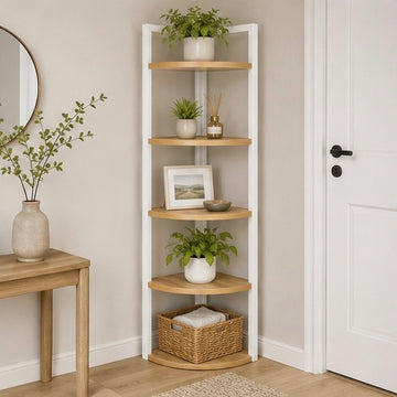 5 Tier Wood Steel Corner Shelf Organizer Storage Display Unit (Rustic Oak)