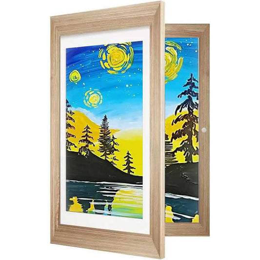 Wooden Kids Art Frame Display and Artwork Storage Holds 150 Drawings (Oak)