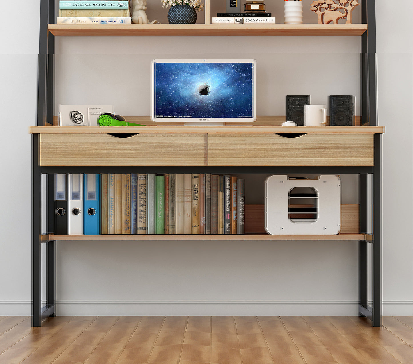 Spacious Office Computer Desk Workstation with Shelves and Drawers - Oak