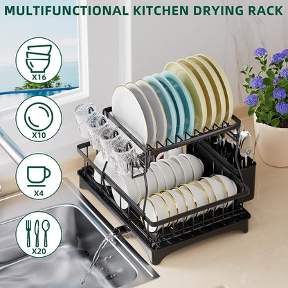 2-Tier Dish Drying Rack Kitchen Organizer with Utensil Holder Black