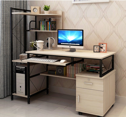 Multi-function Computer Desk Workstation with Shelves and Cabinet White Oak