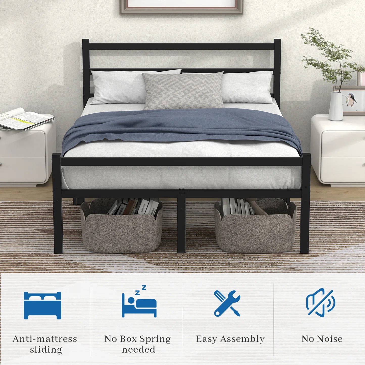 King Size Metal Platform Bed Frame Heavy Duty Steel Black