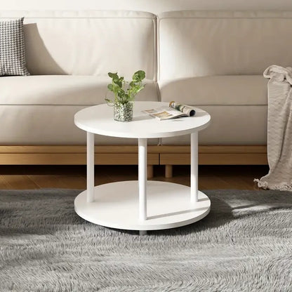 Minimalist Wood & Metal White Round Coffee Table with Storage Shelf