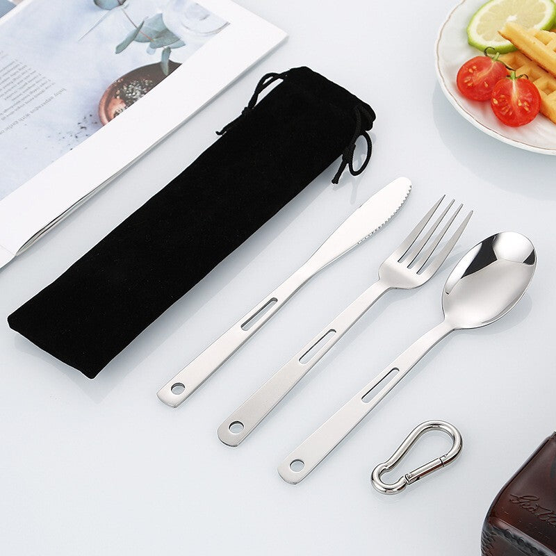 Travel Stainless Steel Cutlery Set with Carabiner and Bag for Camping and Outdoor