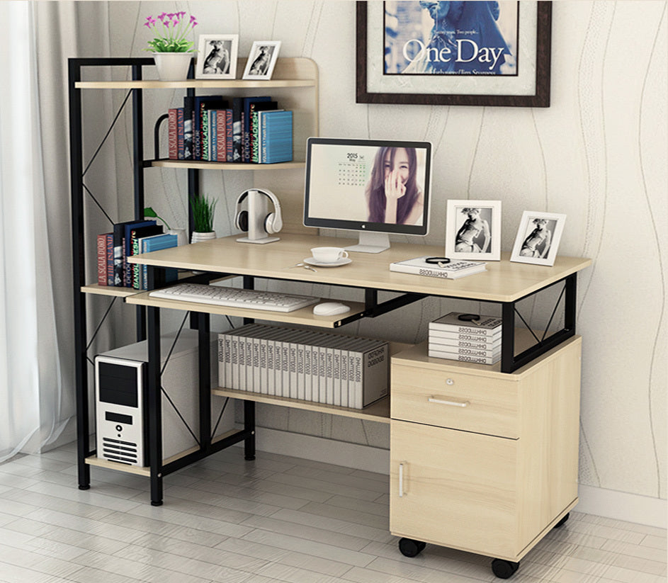 Multi-function Computer Desk Workstation with Shelves and Cabinet White Oak