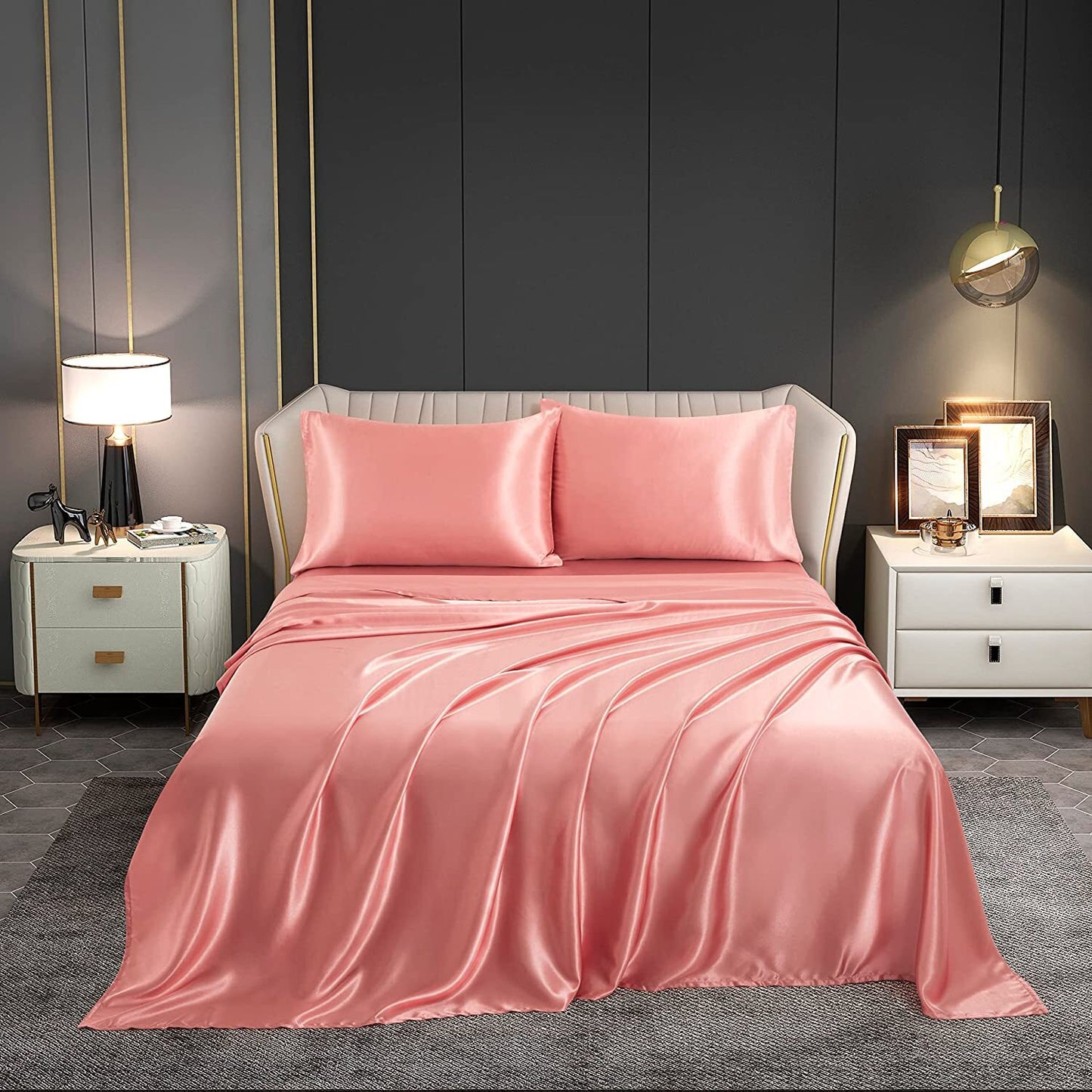 Queen Silky Satin Bed Sheet Set Luxurious Soft Bedding Rose Gold