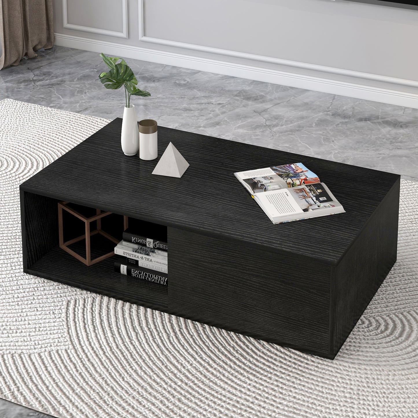 2-Piece Elegant Wooden Coffee Table and TV Cabinet Set - Black