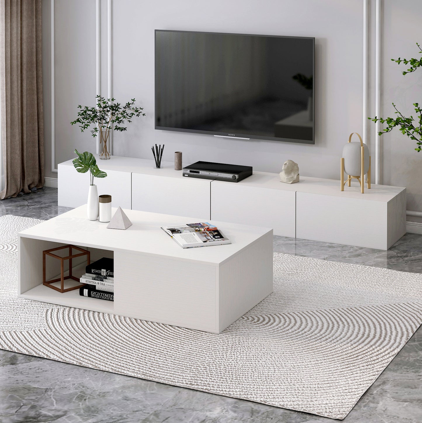 2-Piece Elegant Wooden Coffee Table and TV Cabinet Set - White