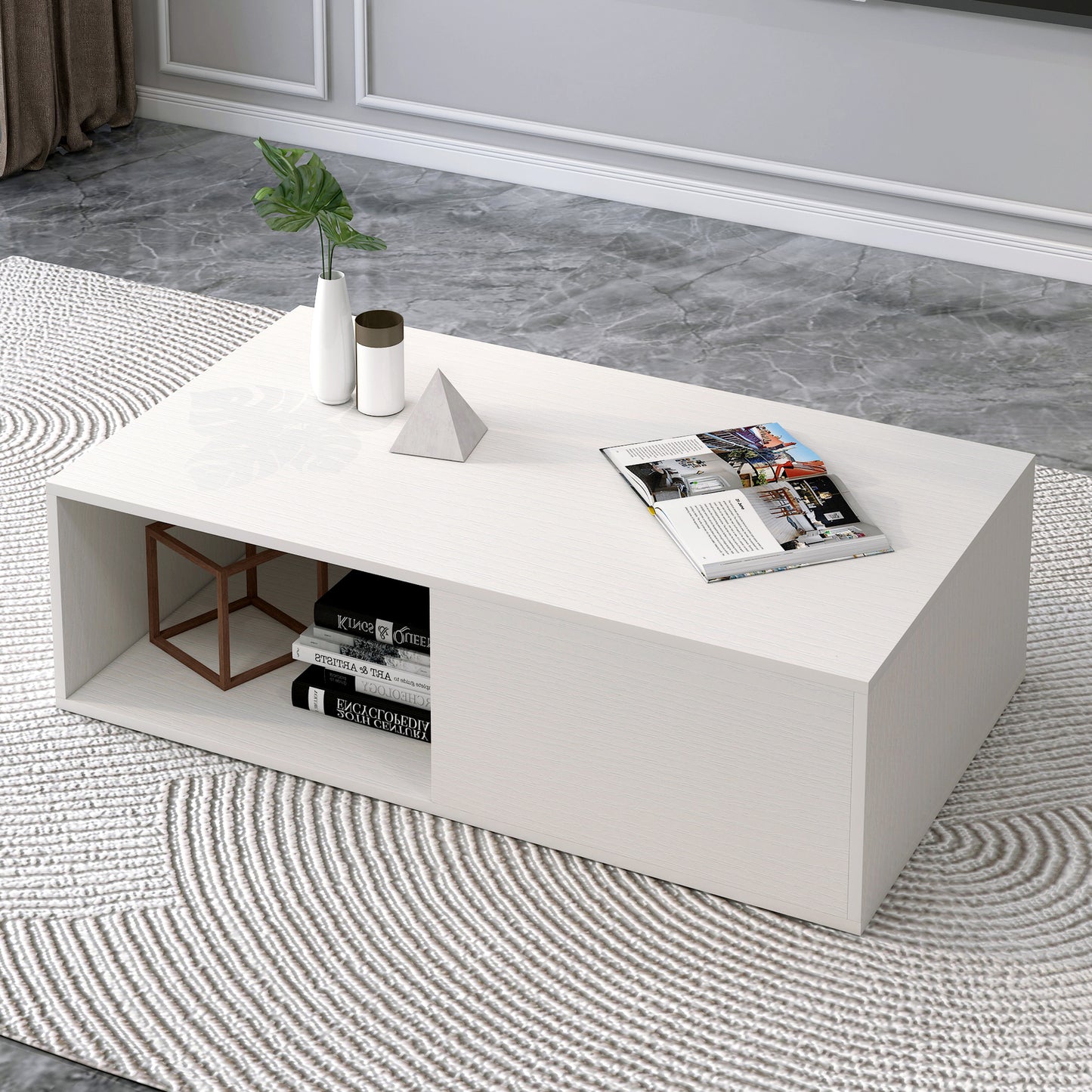 2-Piece Elegant Wooden Coffee Table and TV Cabinet Set - White