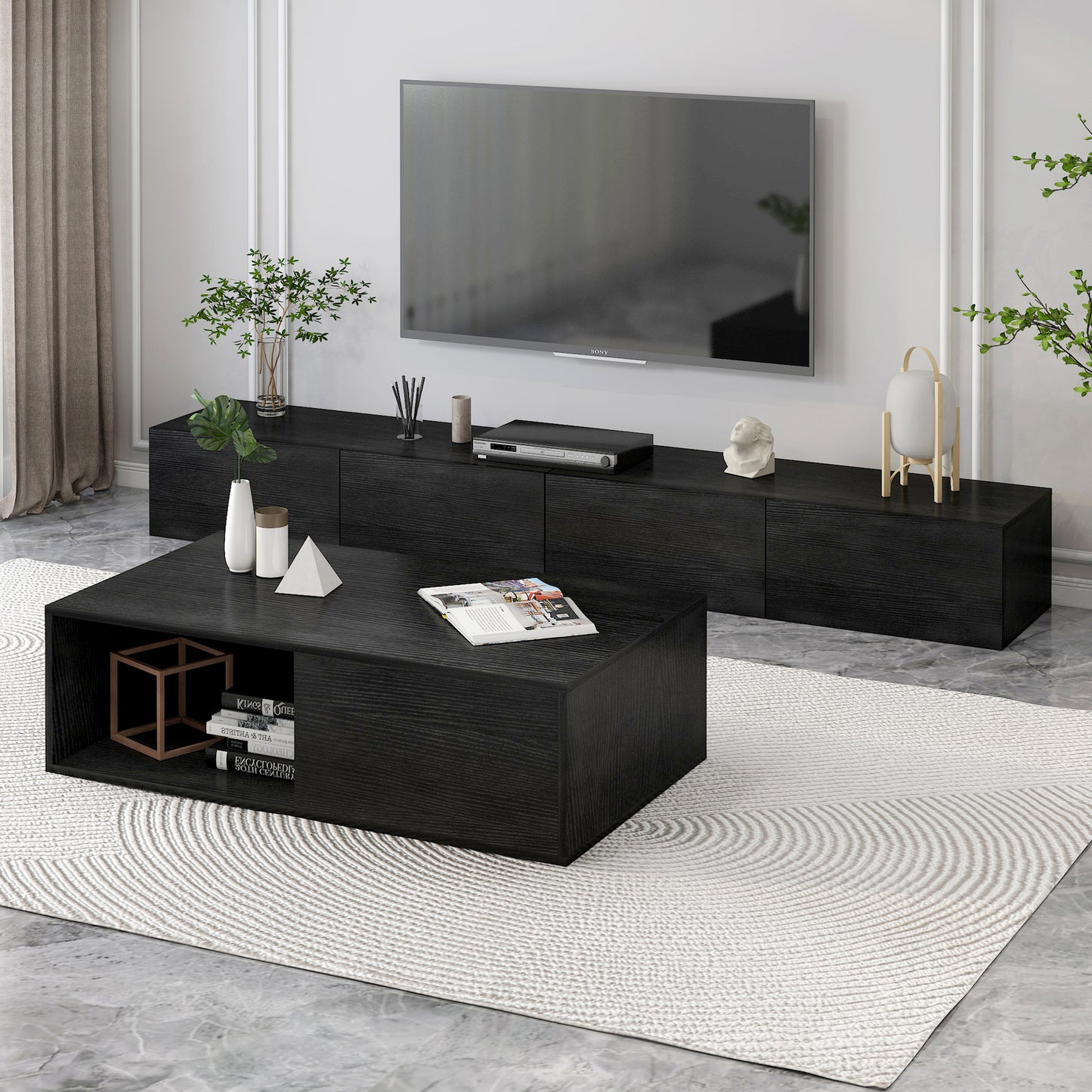 2 Piece Claro Elegant Wooden Coffee Table and 2m TV Cabinet Set Black