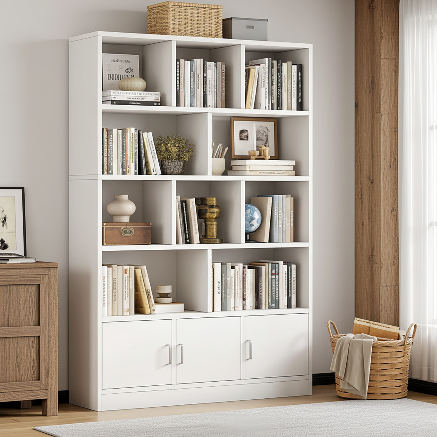 Spacious 10-Shelf 3-Door Wardrobe Cabinet Bookshelf White