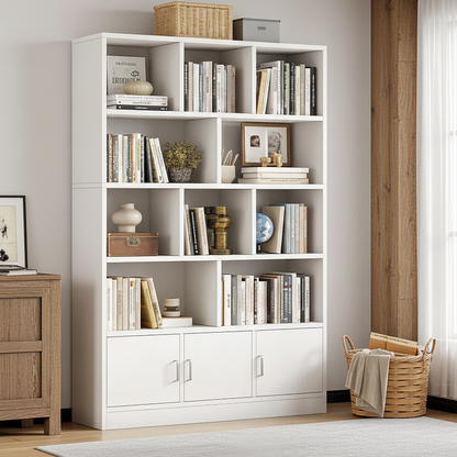 Spacious 10-Shelf 3-Door Wardrobe Cabinet Bookshelf White