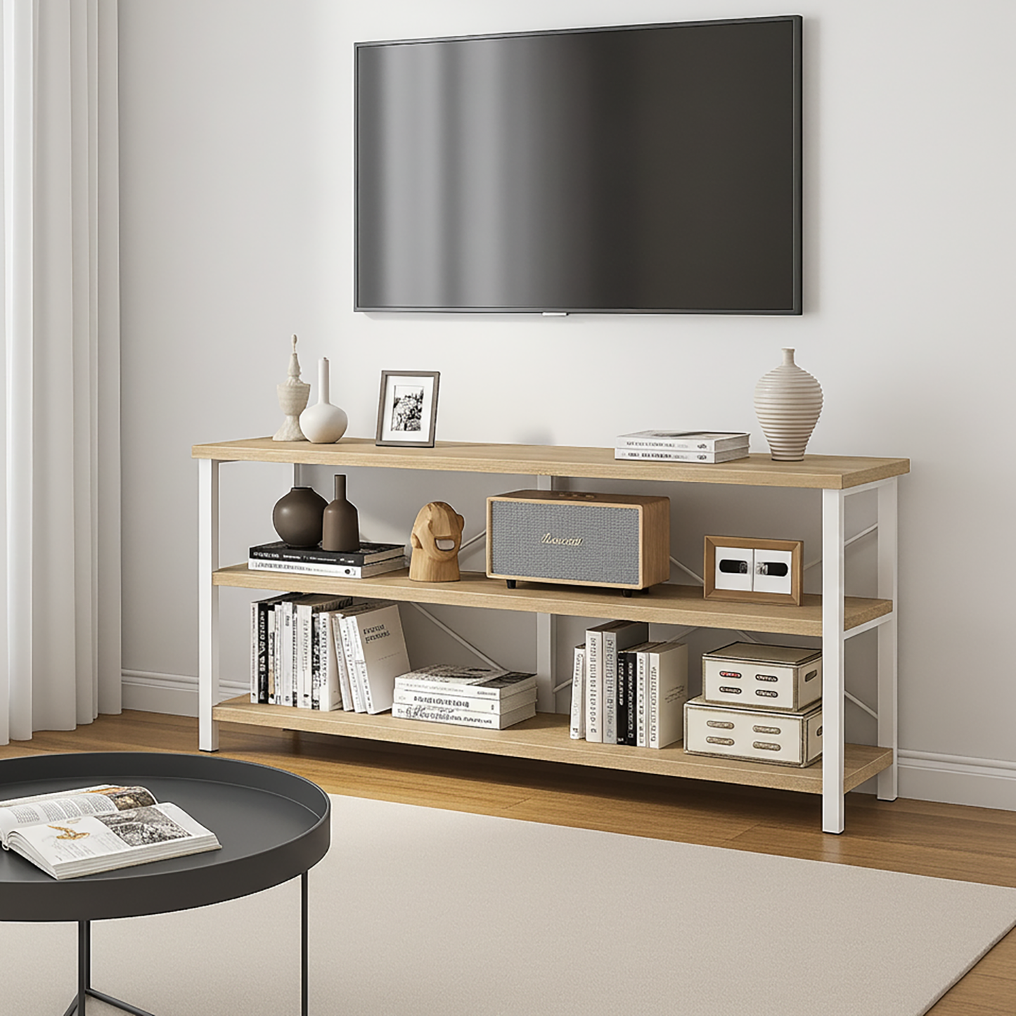 Industrial Console Table TV Stand Bookcase Storage Shelf Unit (Oak & White)