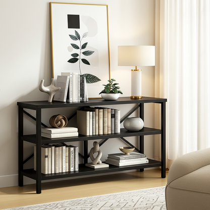 Industrial Console Table TV Stand Bookcase Storage Shelf Unit (Black)