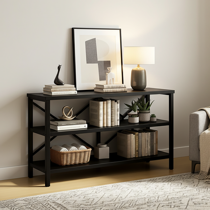 Industrial Console Table TV Stand Bookcase Storage Shelf Unit (Black)