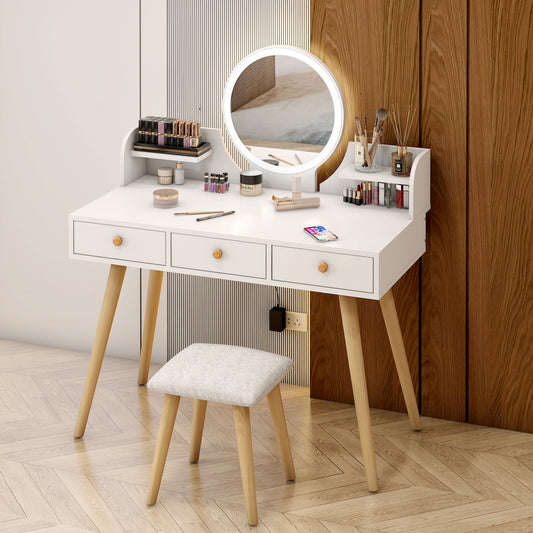 Large LED Vanity Table with Mirror Stool and Storage Drawers Set for Bedroom