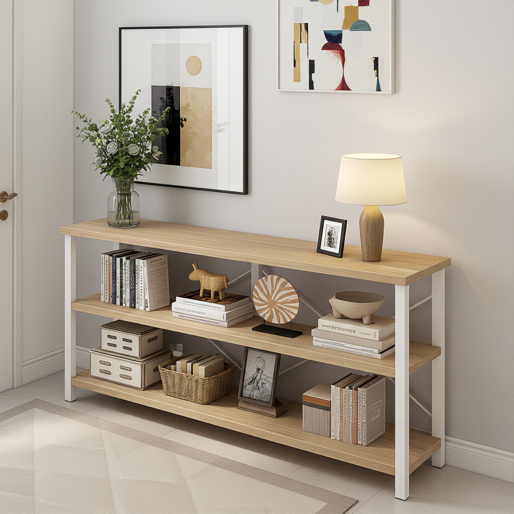 Industrial Console Table TV Stand Bookcase Storage Shelf Unit (Oak & White)