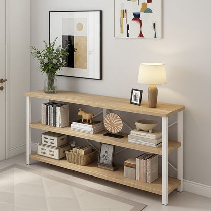 Industrial Console Table TV Stand Bookcase Storage Shelf Unit (Oak & White)