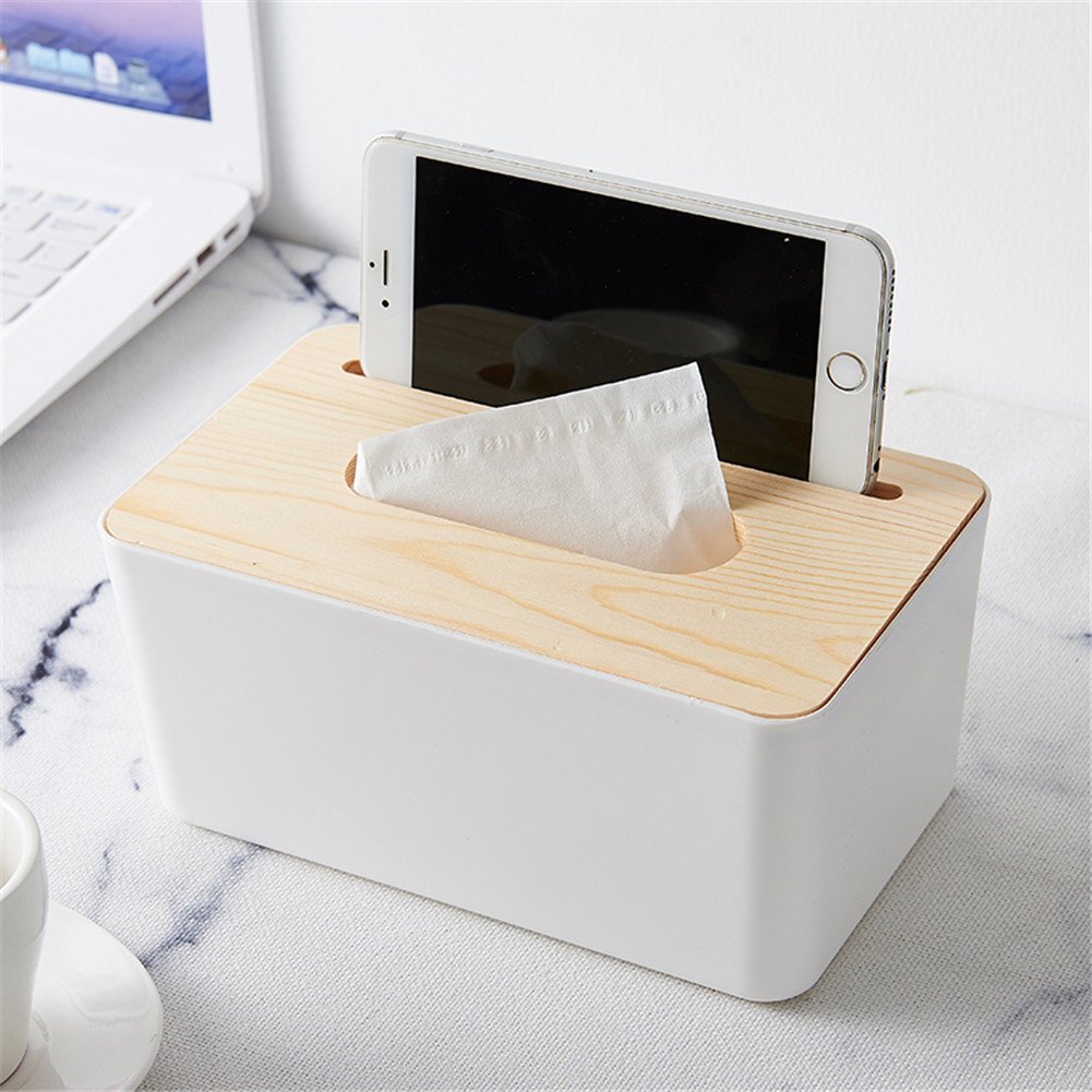 Tissue Box Holder Phone Stand Napkin Organizer with Removable Wooden Cover