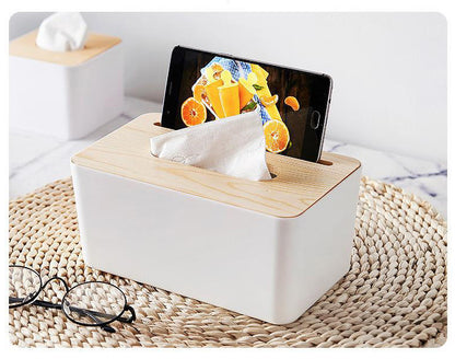 Tissue Box Holder Phone Stand Napkin Organizer with Removable Wooden Cover