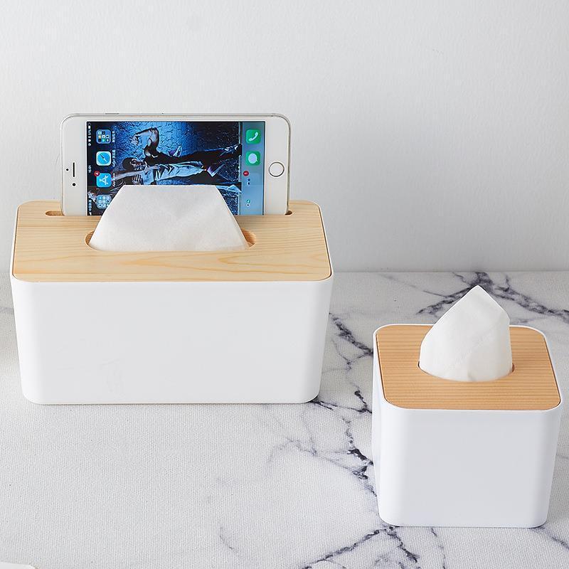 Tissue Box Holder Phone Stand Napkin Organizer with Removable Wooden Cover