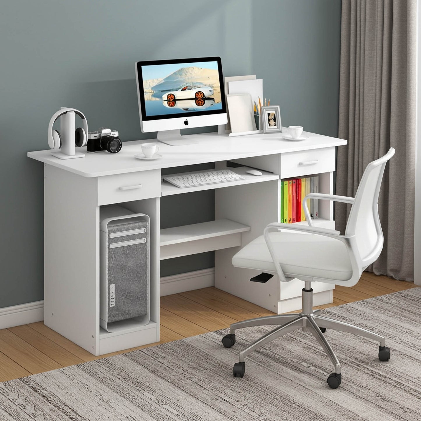 Executive Modern Office Desk with Storage Shelves White Oak