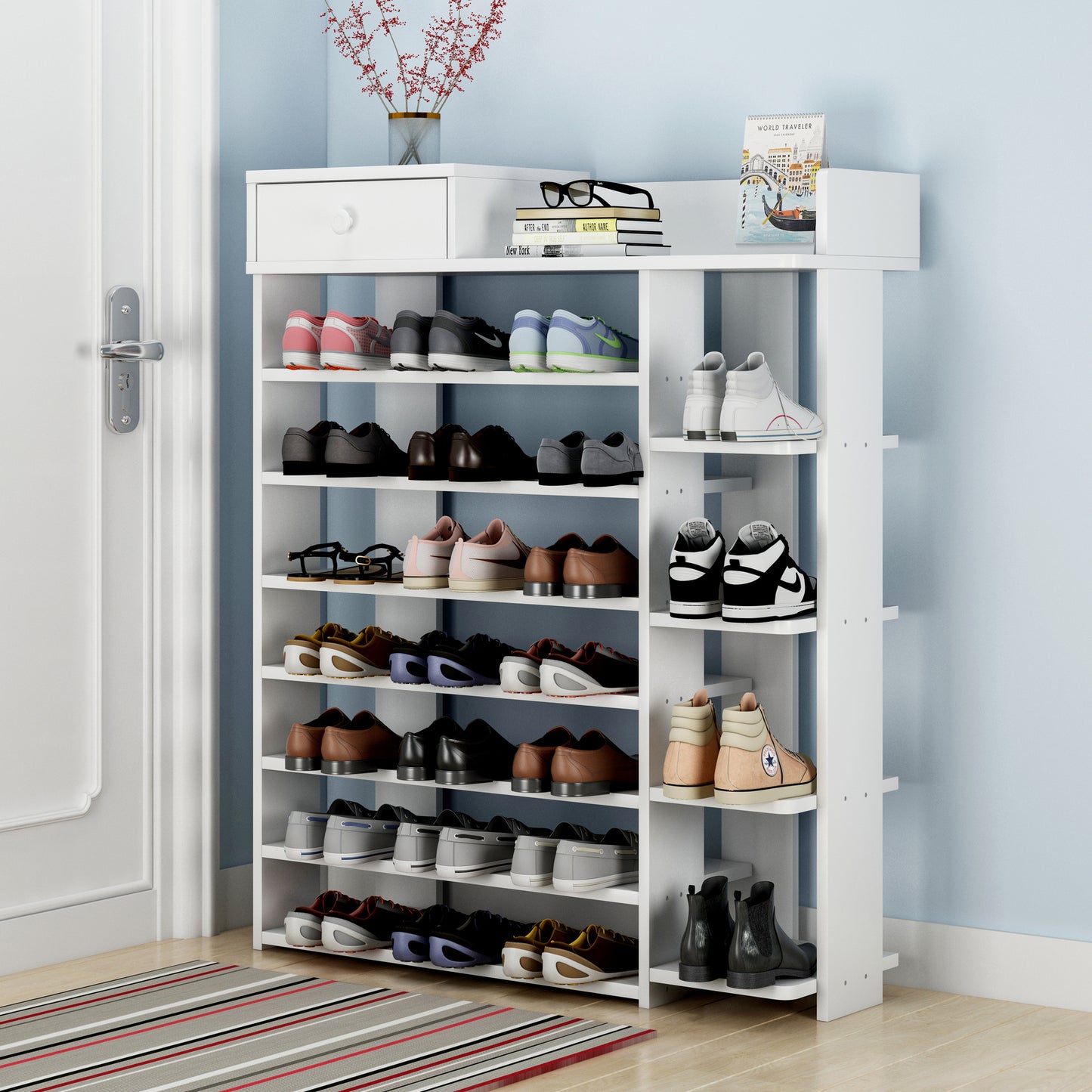 8 Tier Shoe Rack Storage Organizer with Drawer White