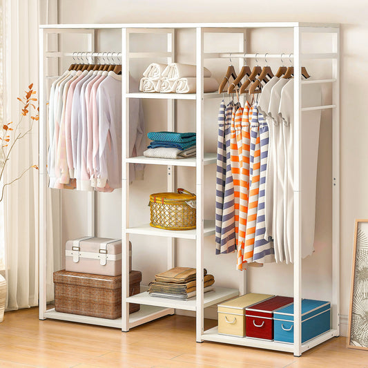 Spacious Wardrobe with Shelves and Clothes Hanging Racks White